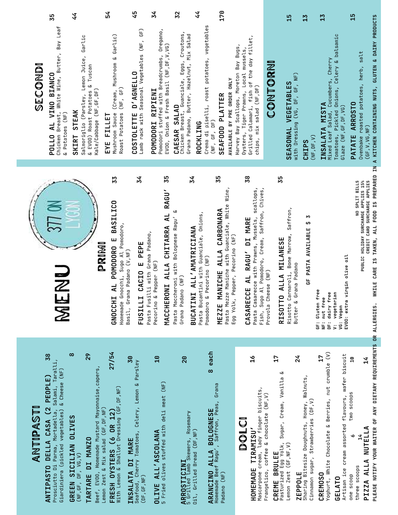 Menu, 377 On Lygon