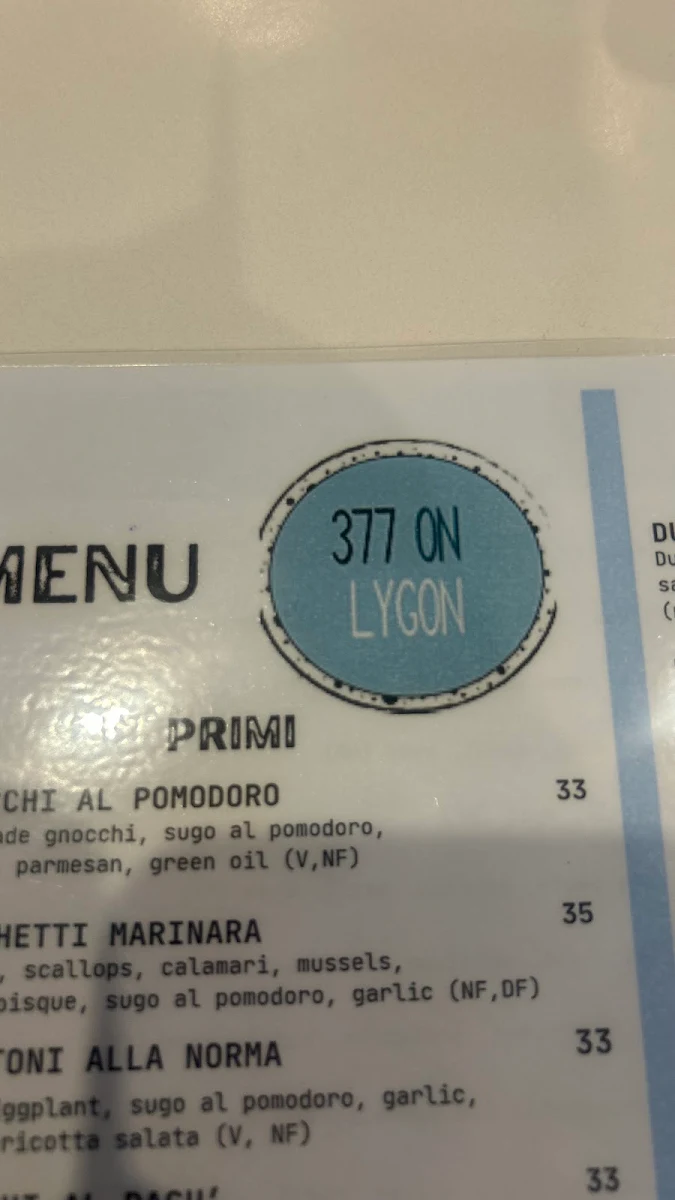 Menu, 377 On Lygon