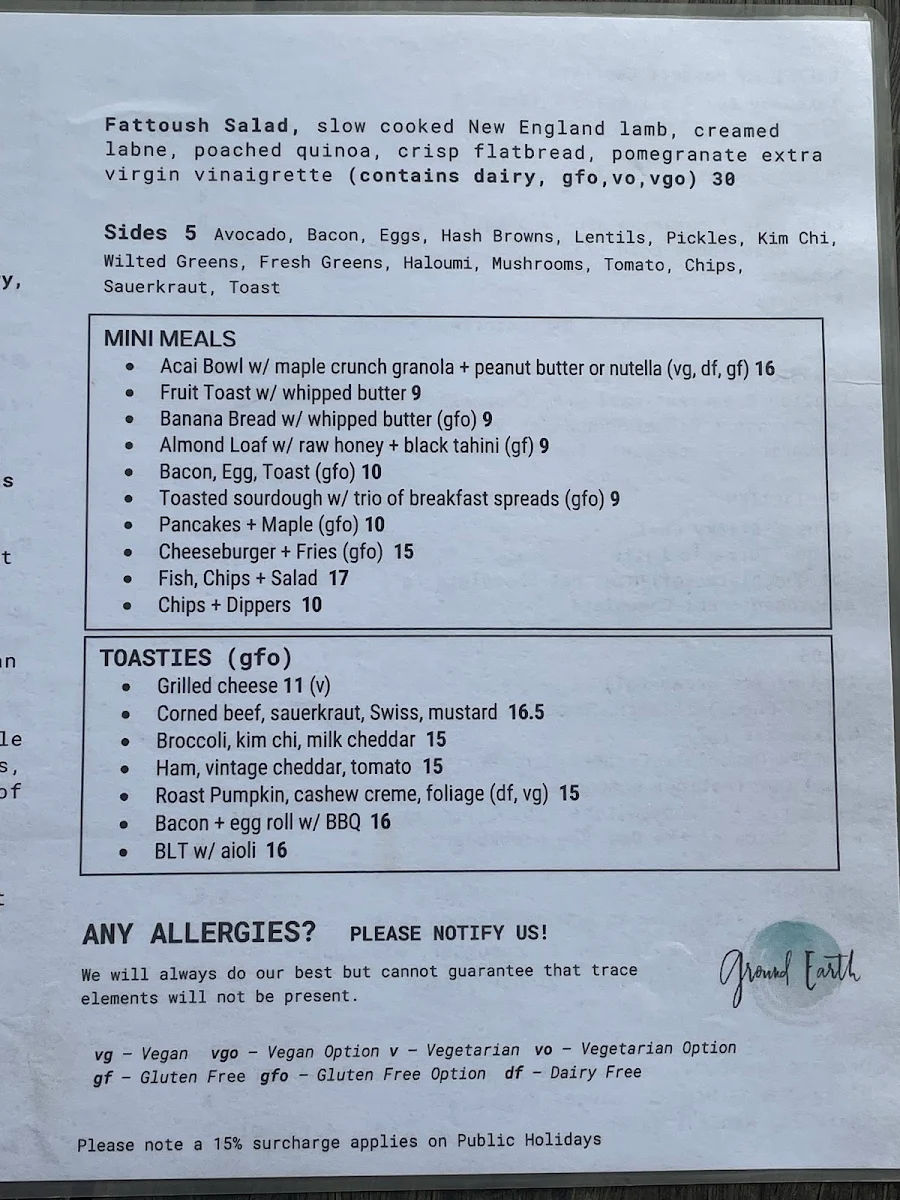 Menu, Ground Earth