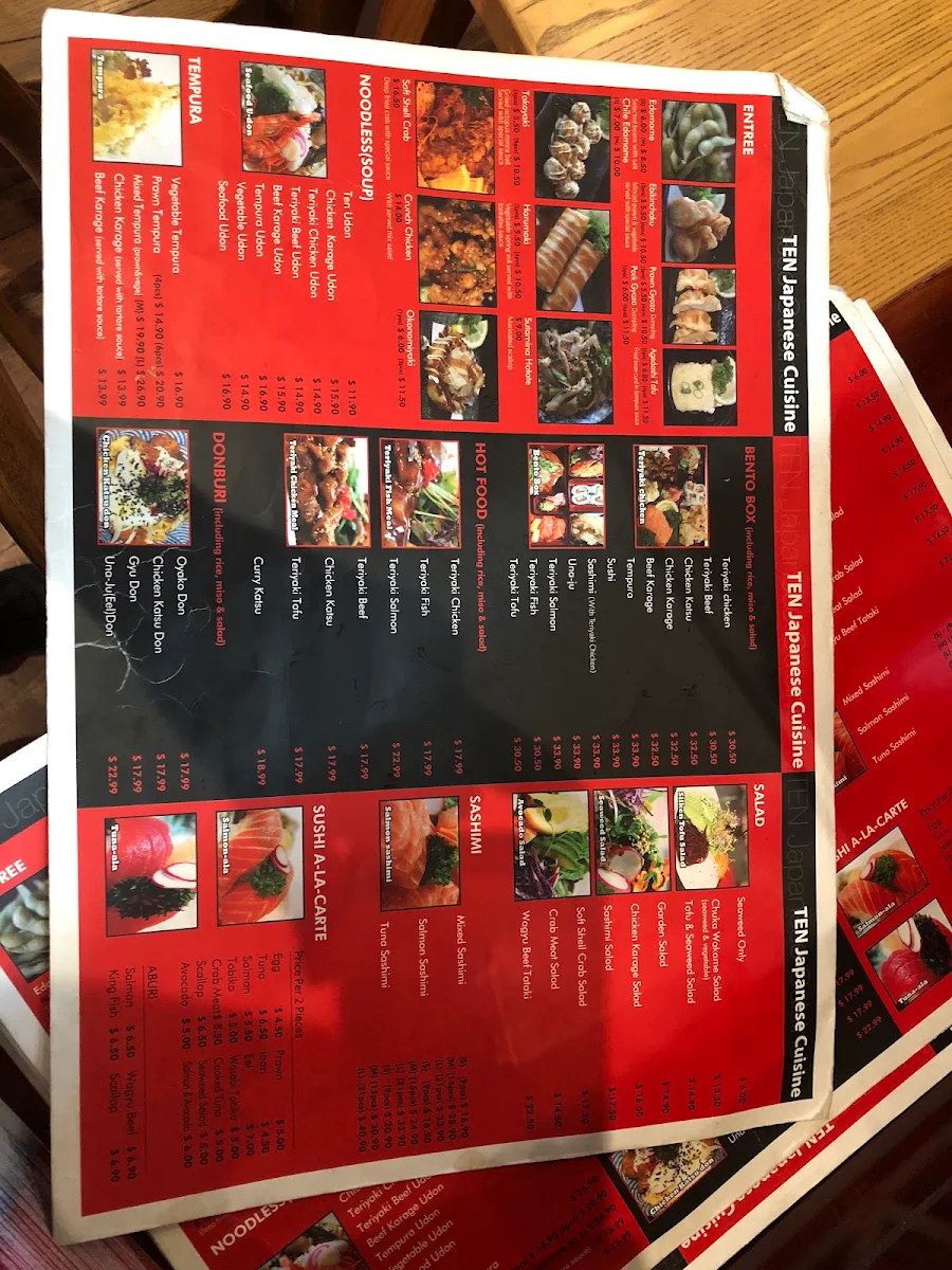 Menu, Ten Japanese Cuisine Bondi