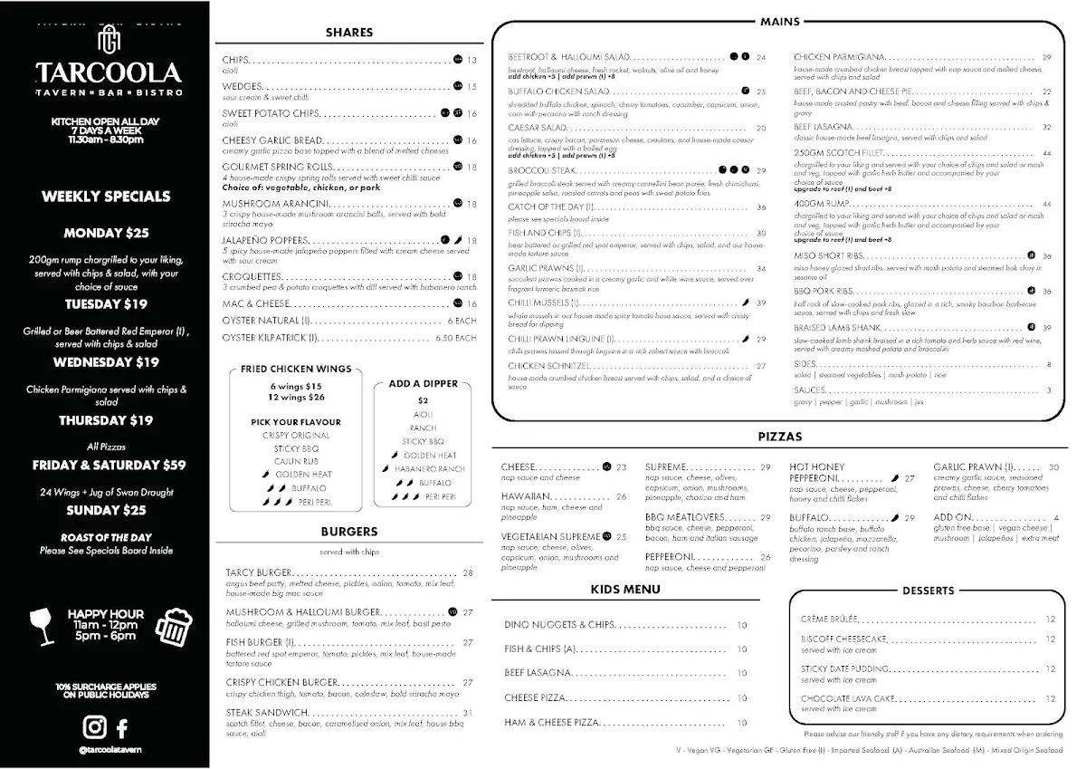 Menu, Tarcoola Tavern-Bar-Bistro