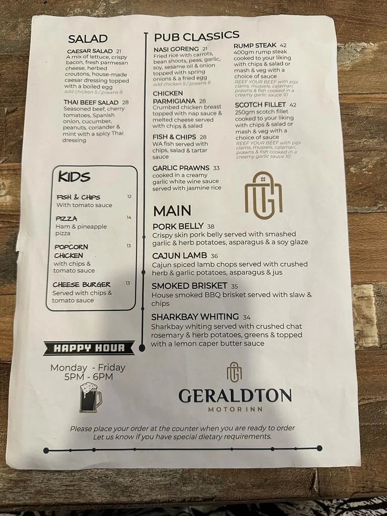 Menu, Tarcoola Tavern-Bar-Bistro