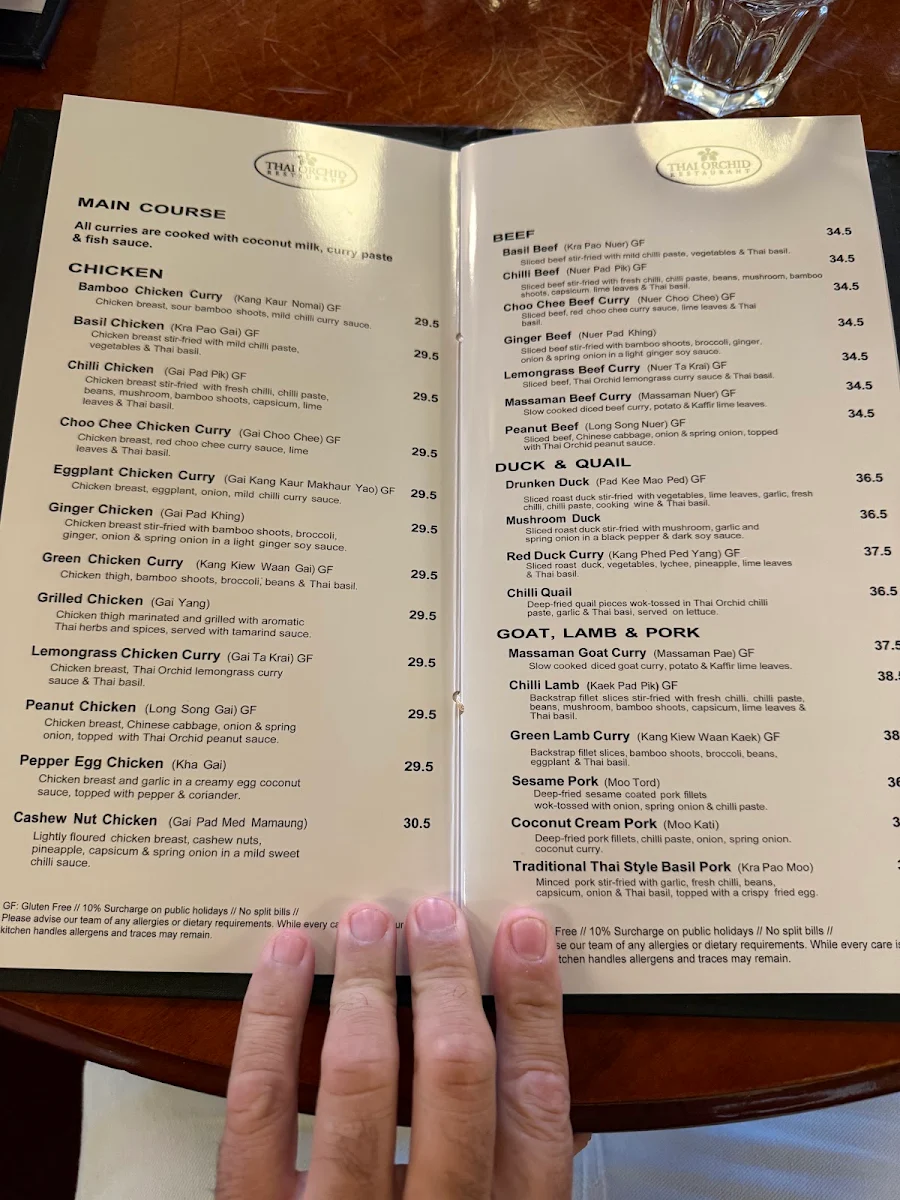 Menu, Thai Orchid Restaurant