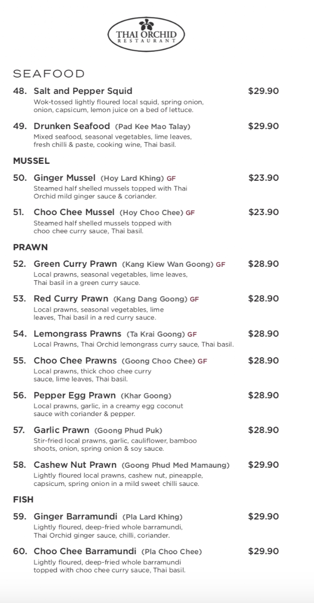 Menu, Thai Orchid Restaurant