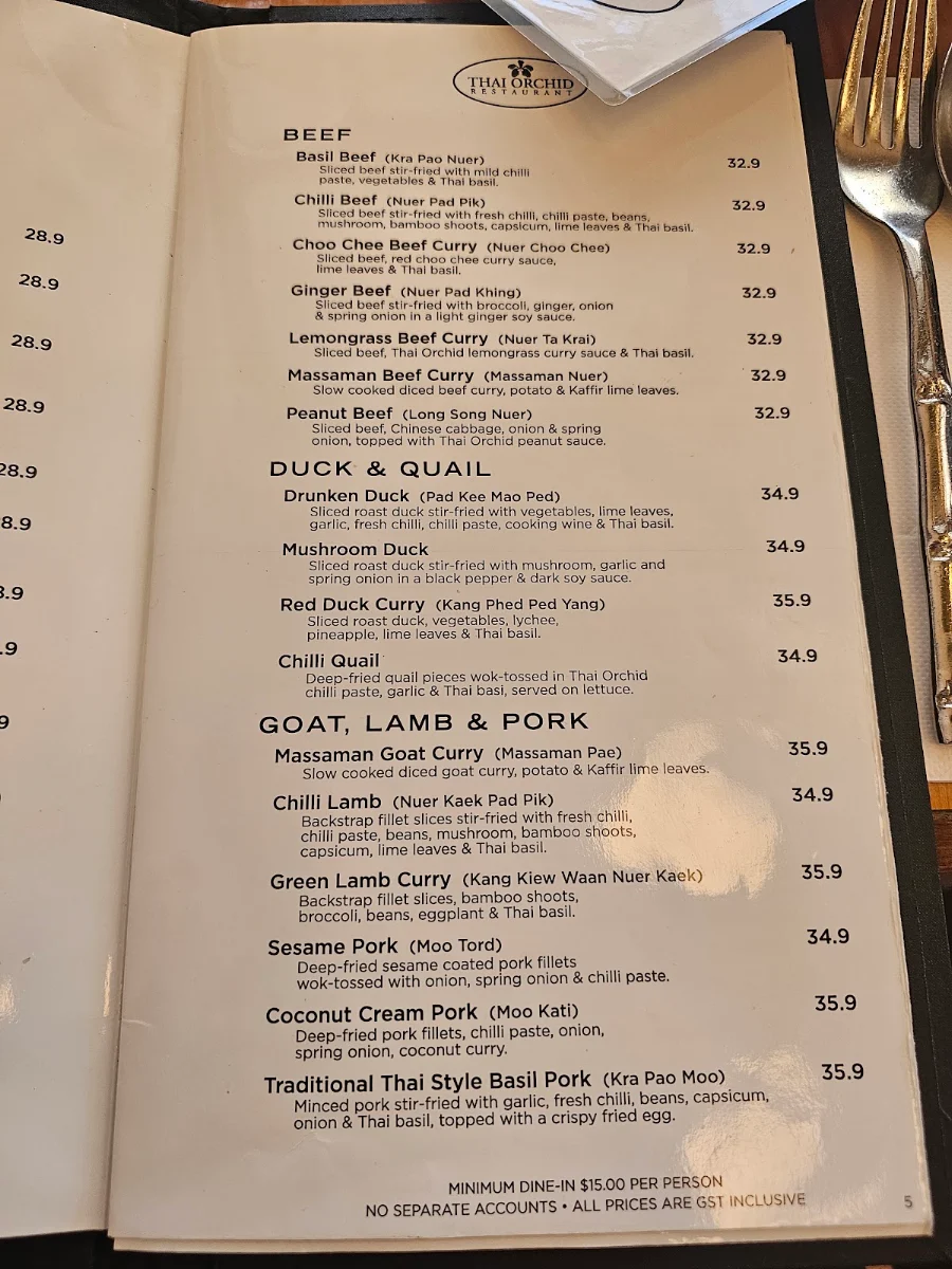 Menu, Thai Orchid Restaurant