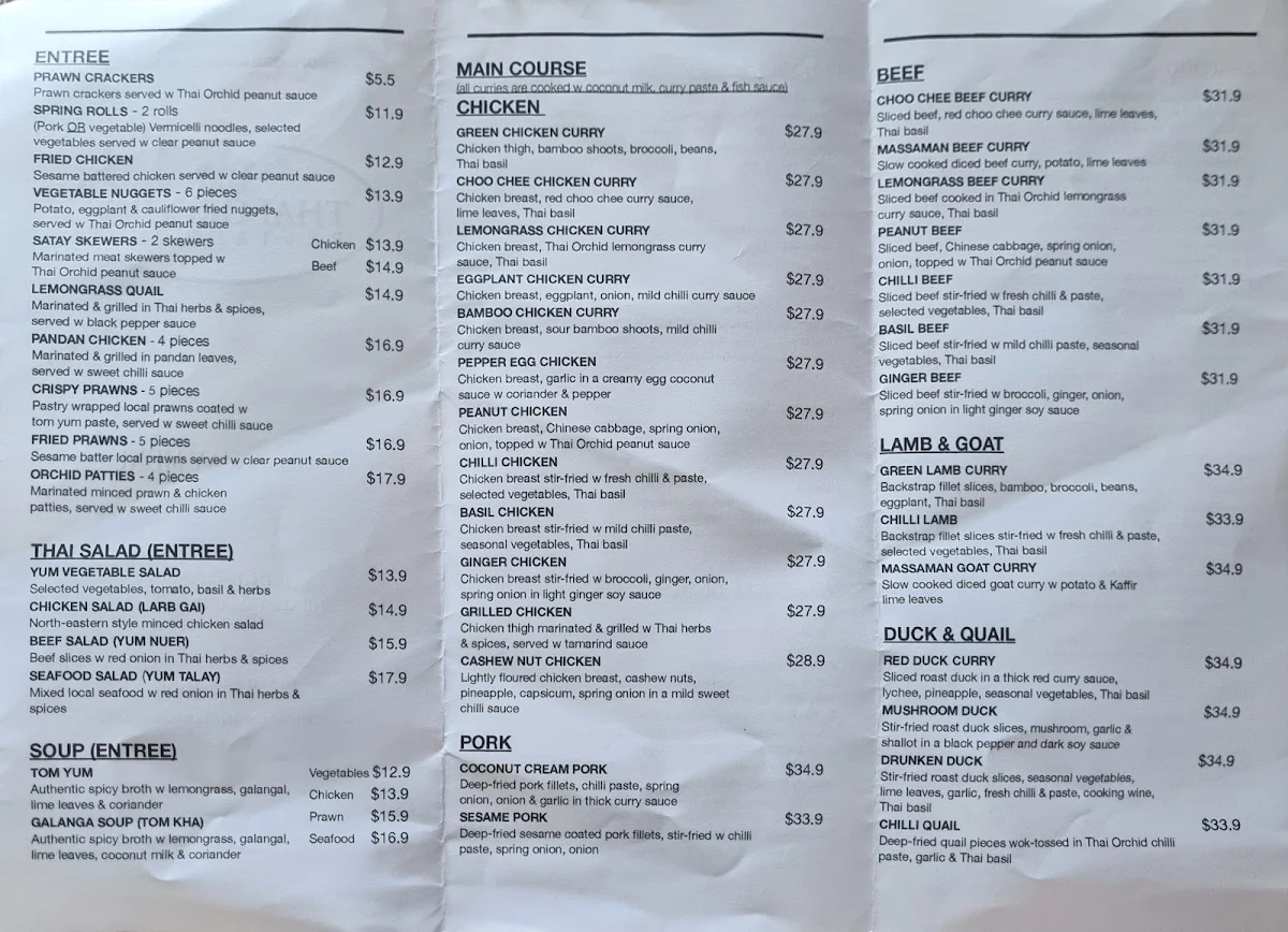 Menu, Thai Orchid Restaurant