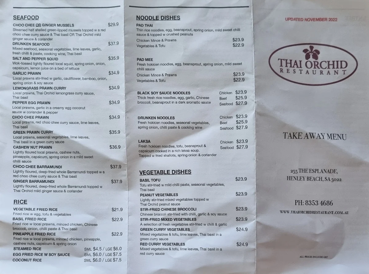 Menu, Thai Orchid Restaurant