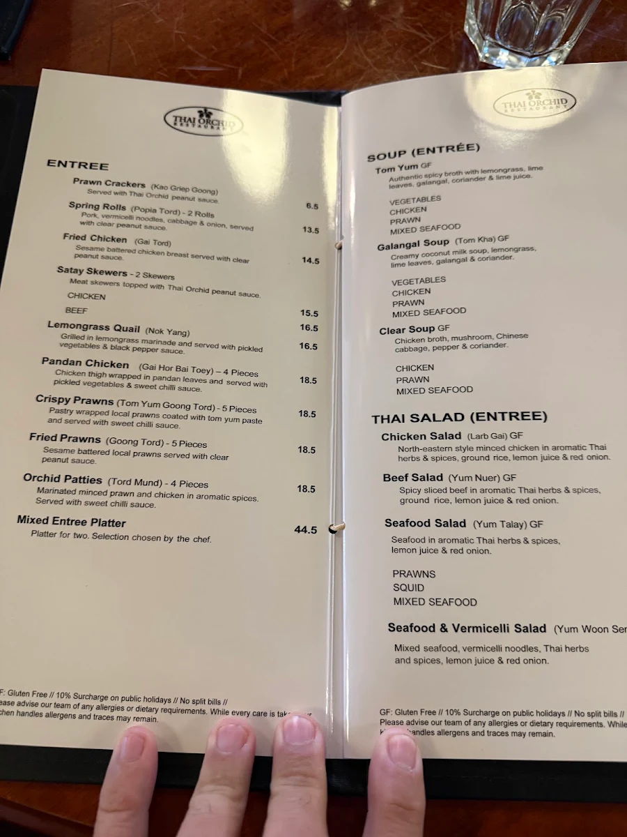 Menu, Thai Orchid Restaurant