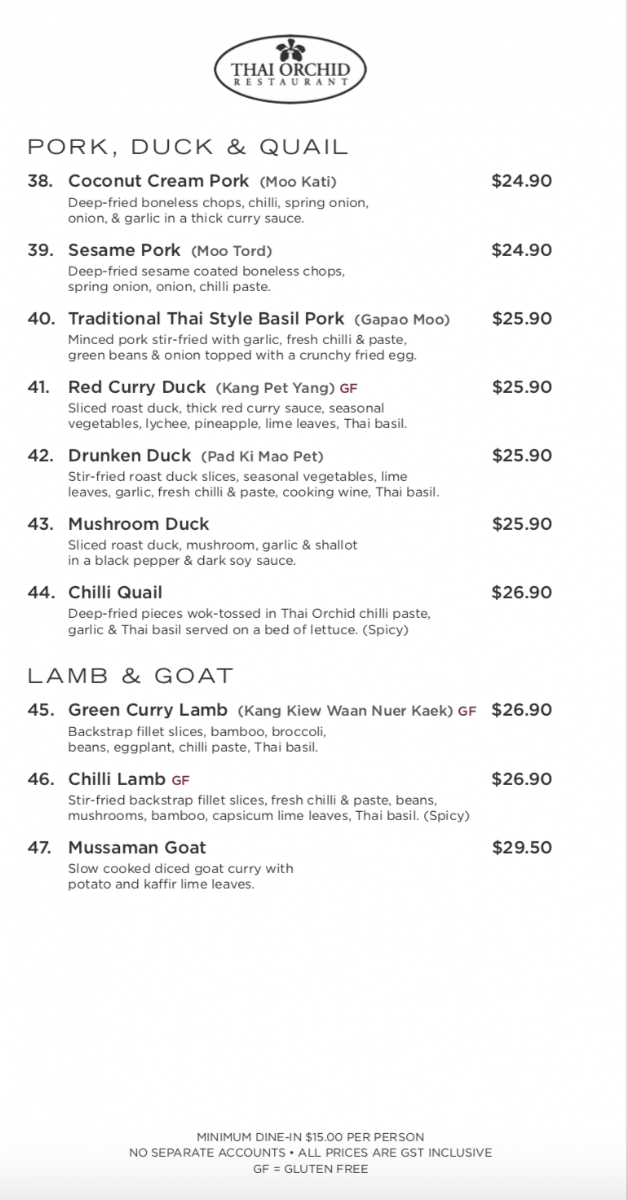 Menu, Thai Orchid Restaurant