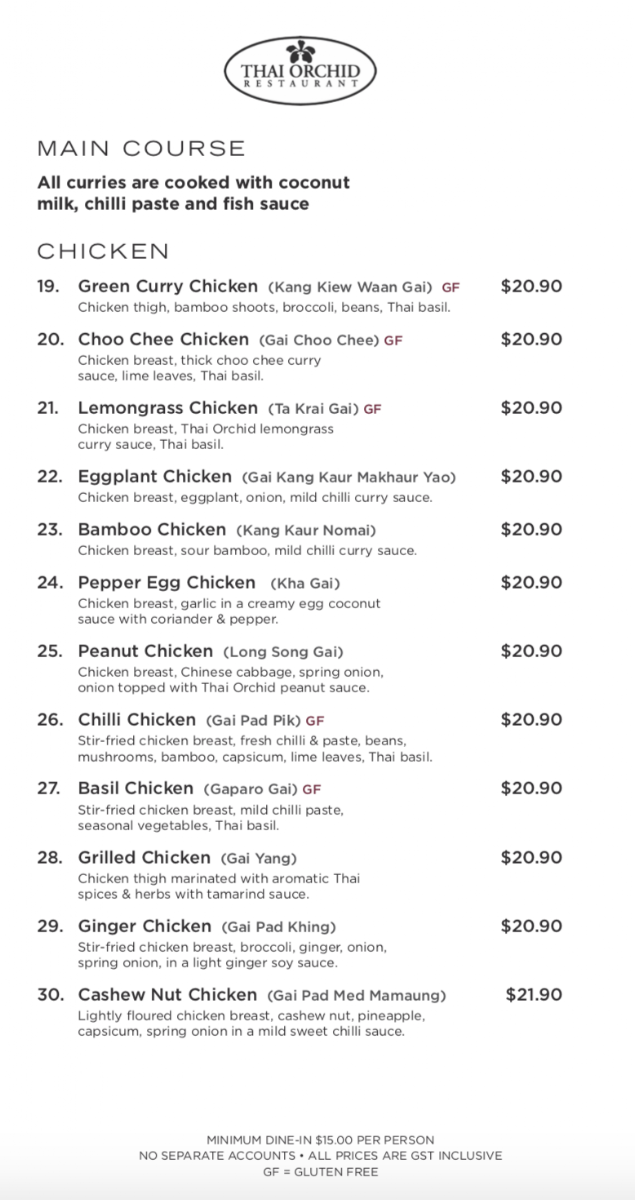 Menu, Thai Orchid Restaurant