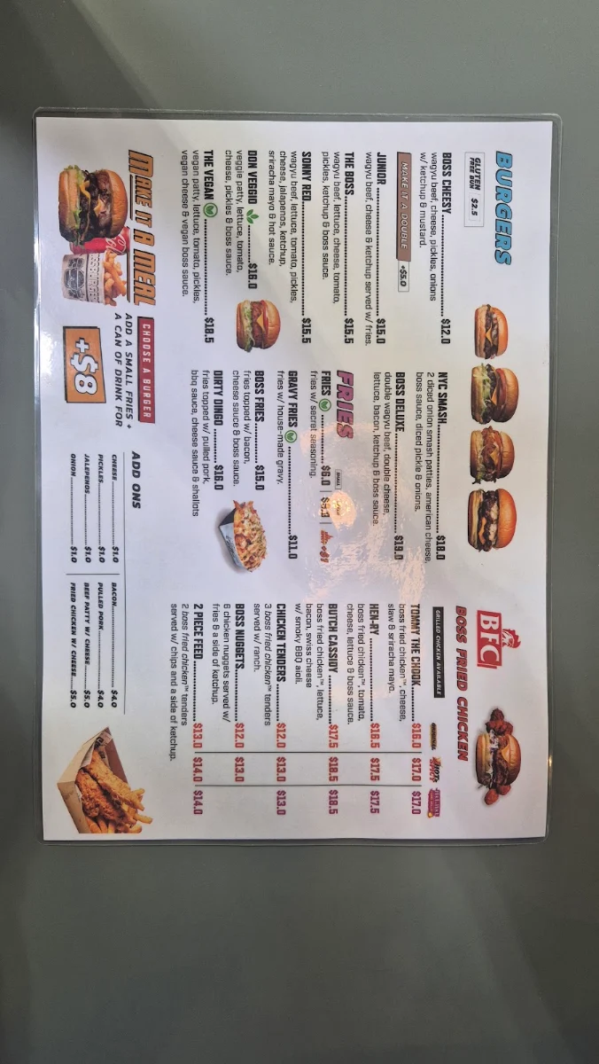 Menu, Boss Burger Co. Bendigo