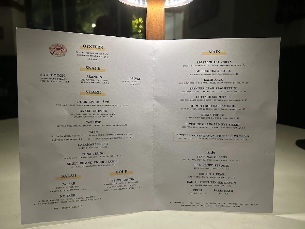 Menu, The Cottage Balmain