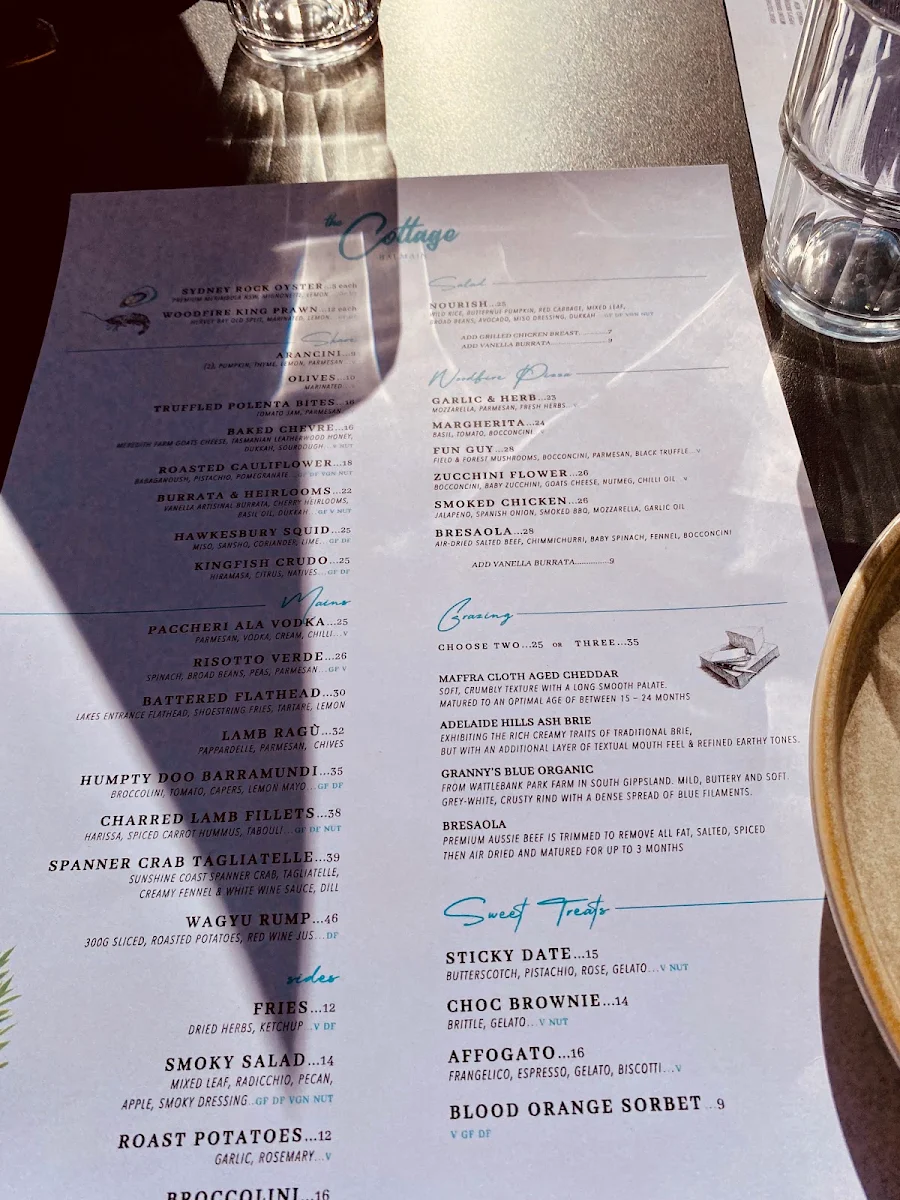 Menu, The Cottage Balmain