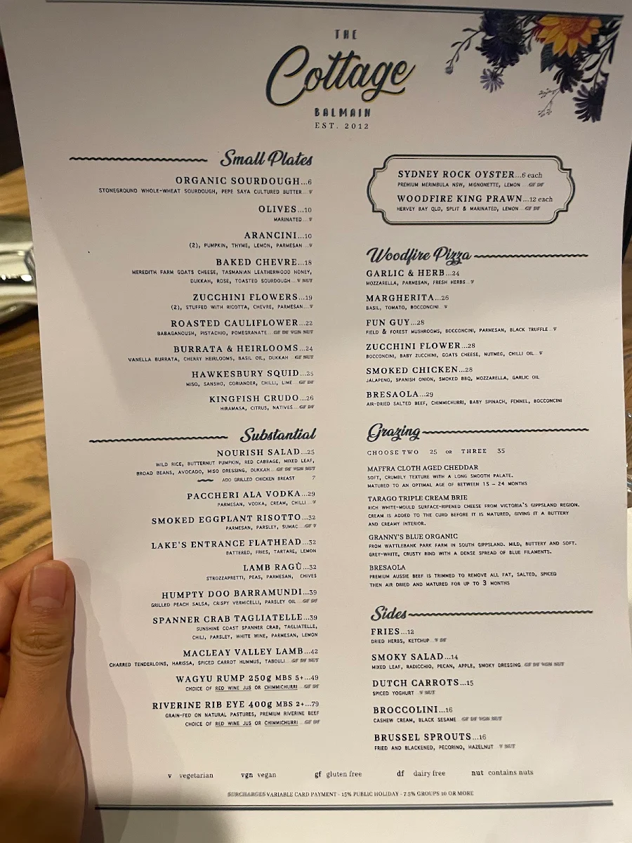 Menu, The Cottage Balmain