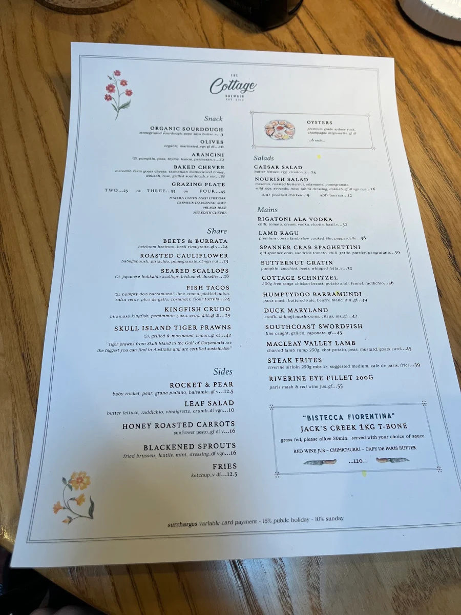 Menu, The Cottage Balmain