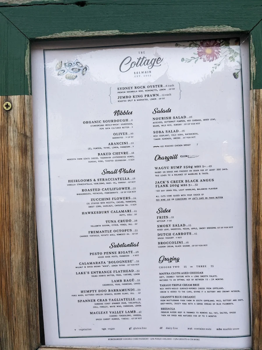 Menu, The Cottage Balmain