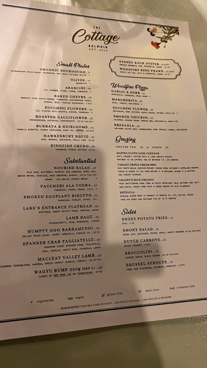 Menu, The Cottage Balmain
