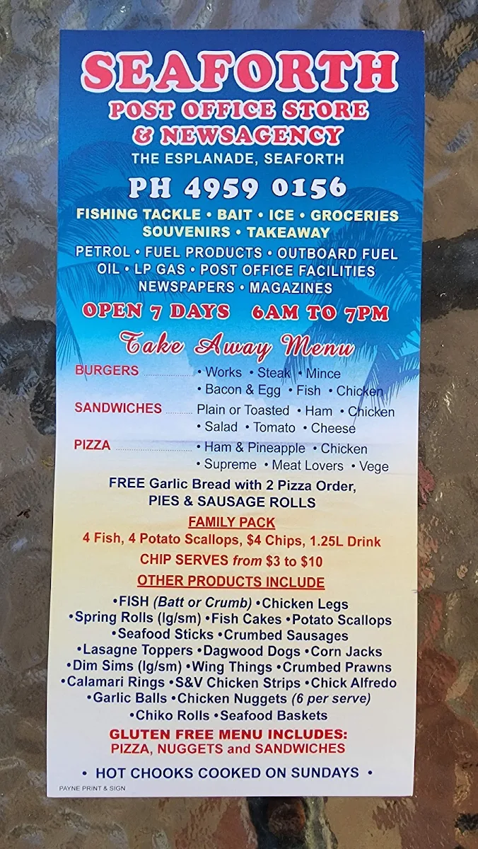 Menu, Seaforth Pitt Stop Classic Cafe
