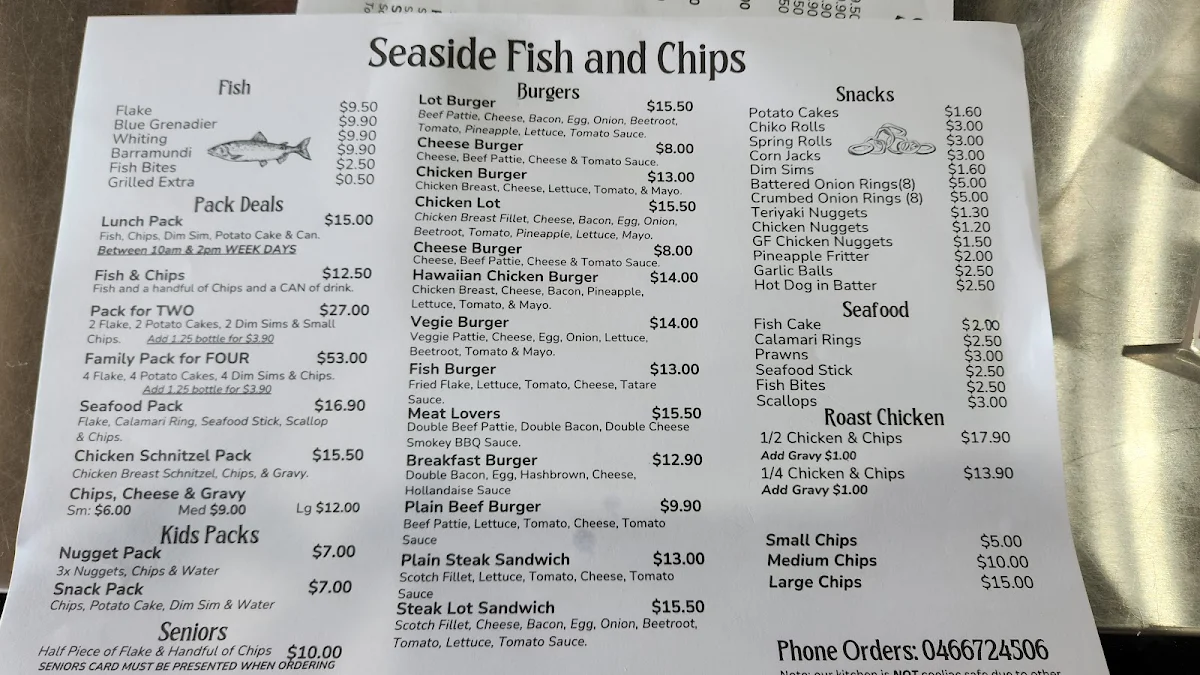 Menu, Seaside Fish & Chips Grantville