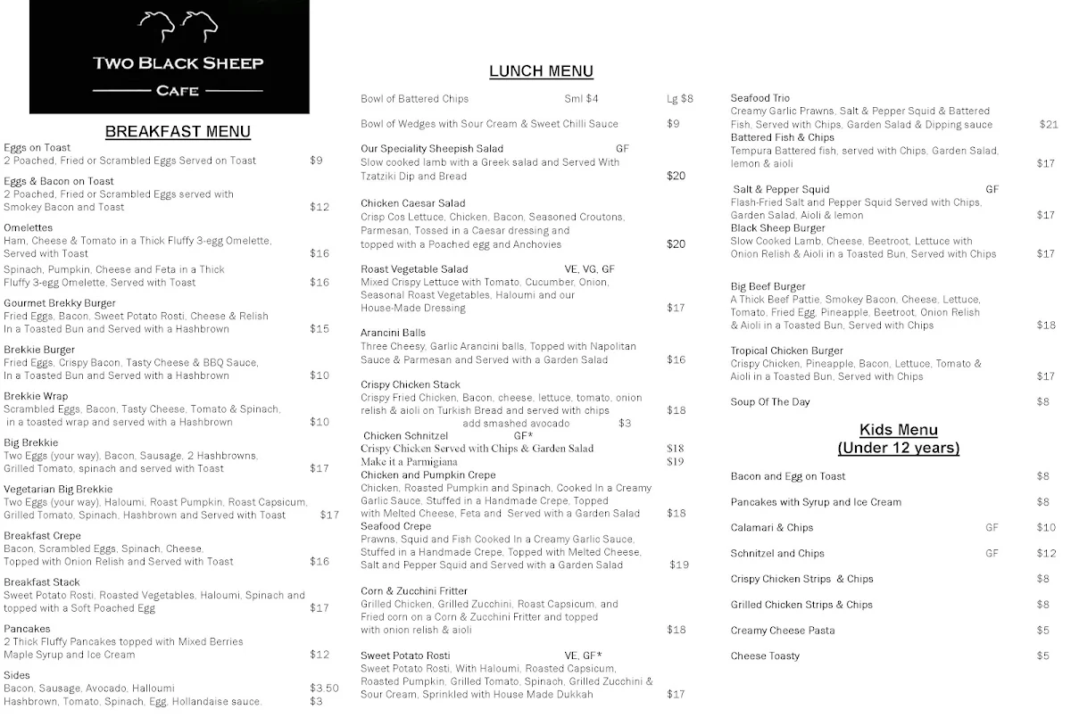 Menu, Two Black Sheep Cafe