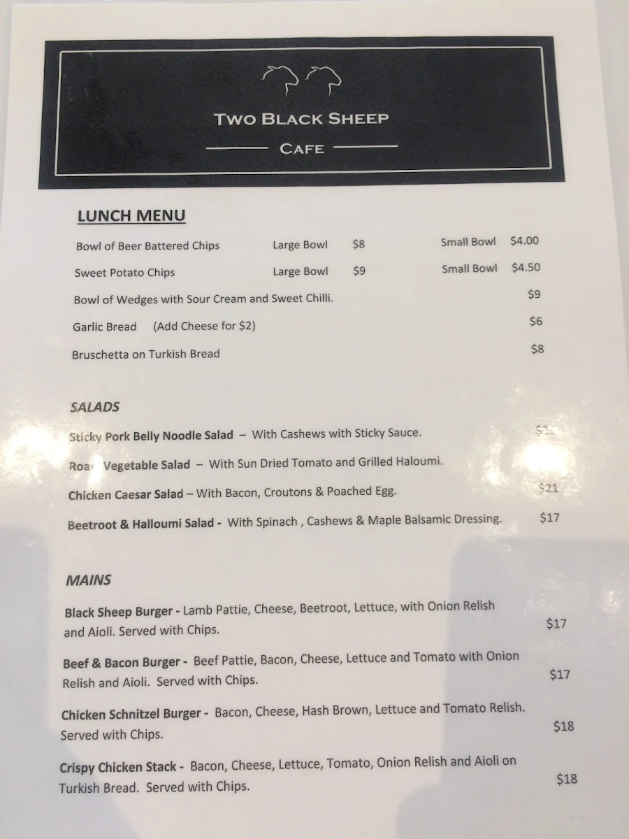 Menu, Two Black Sheep Cafe