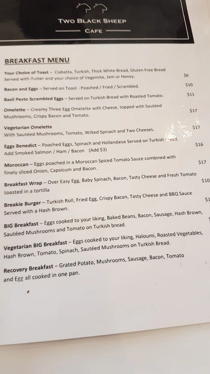 Menu, Two Black Sheep Cafe