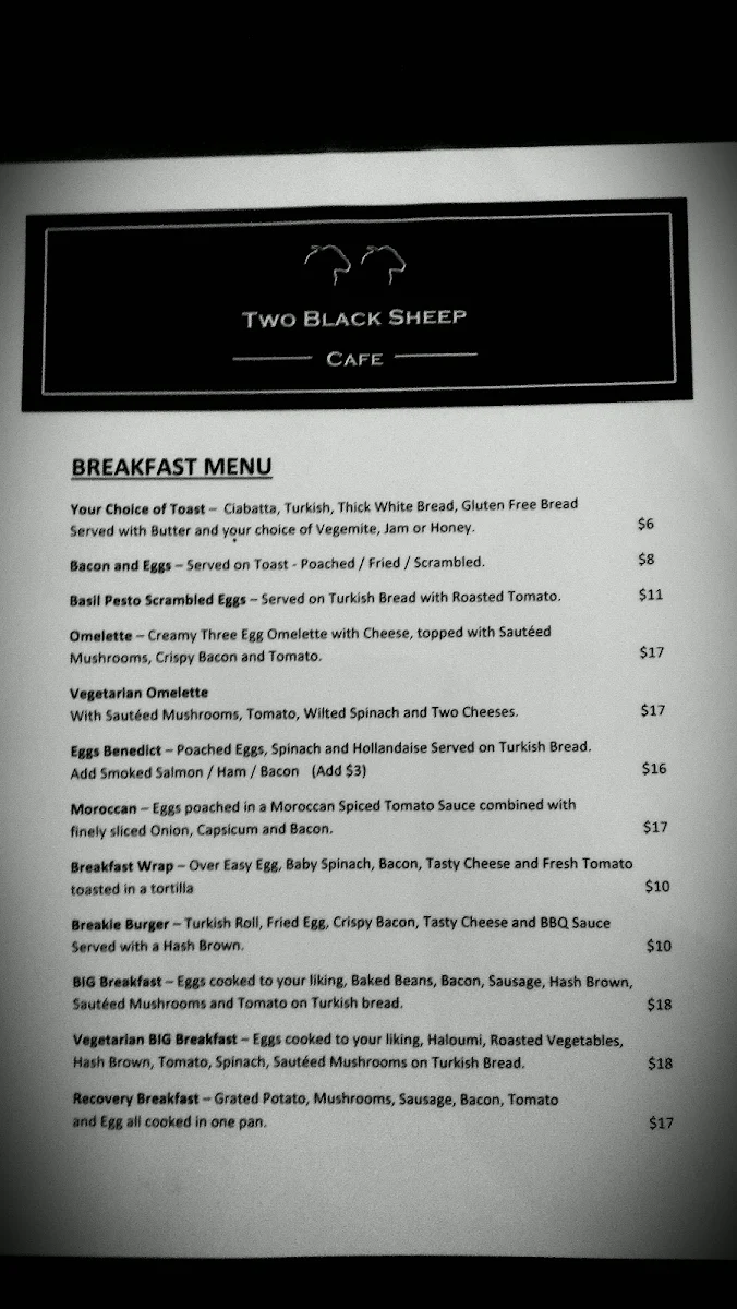 Menu, Two Black Sheep Cafe