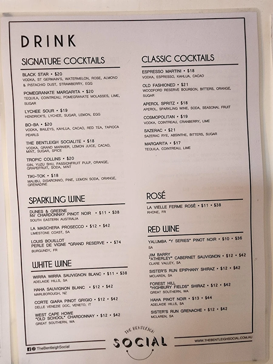 Menu, The Bentleigh Social