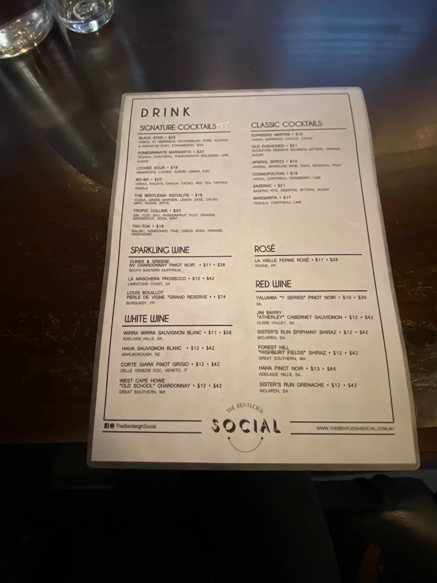 Menu, The Bentleigh Social