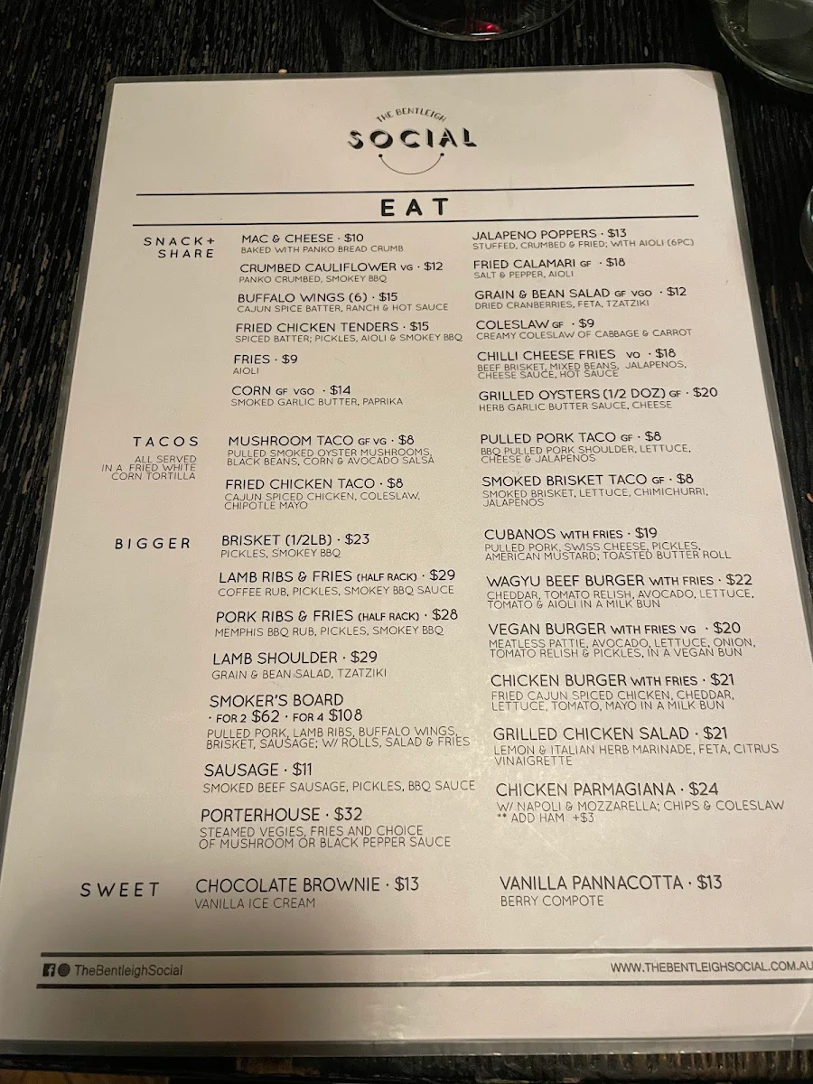 Menu, The Bentleigh Social