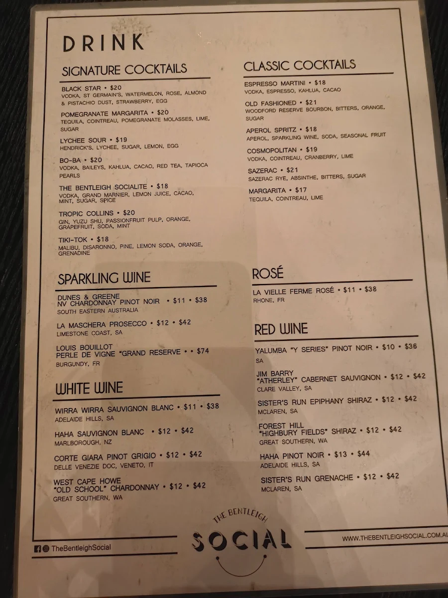 Menu, The Bentleigh Social