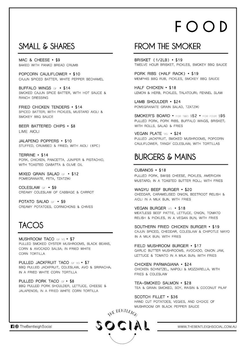 Menu, The Bentleigh Social