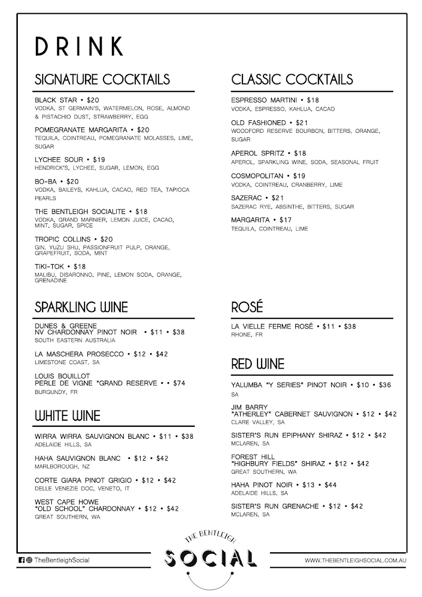 Menu, The Bentleigh Social