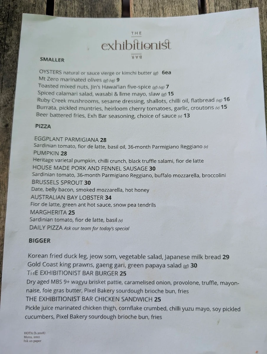 Menu, The Exhibitionist Bar