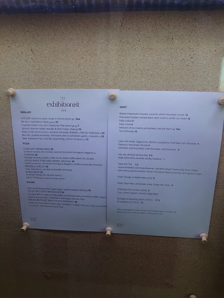 Menu, The Exhibitionist Bar