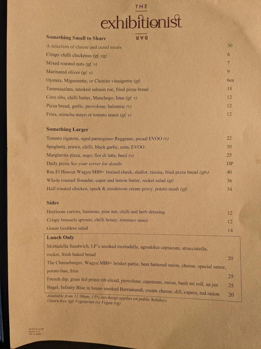 Menu, The Exhibitionist Bar