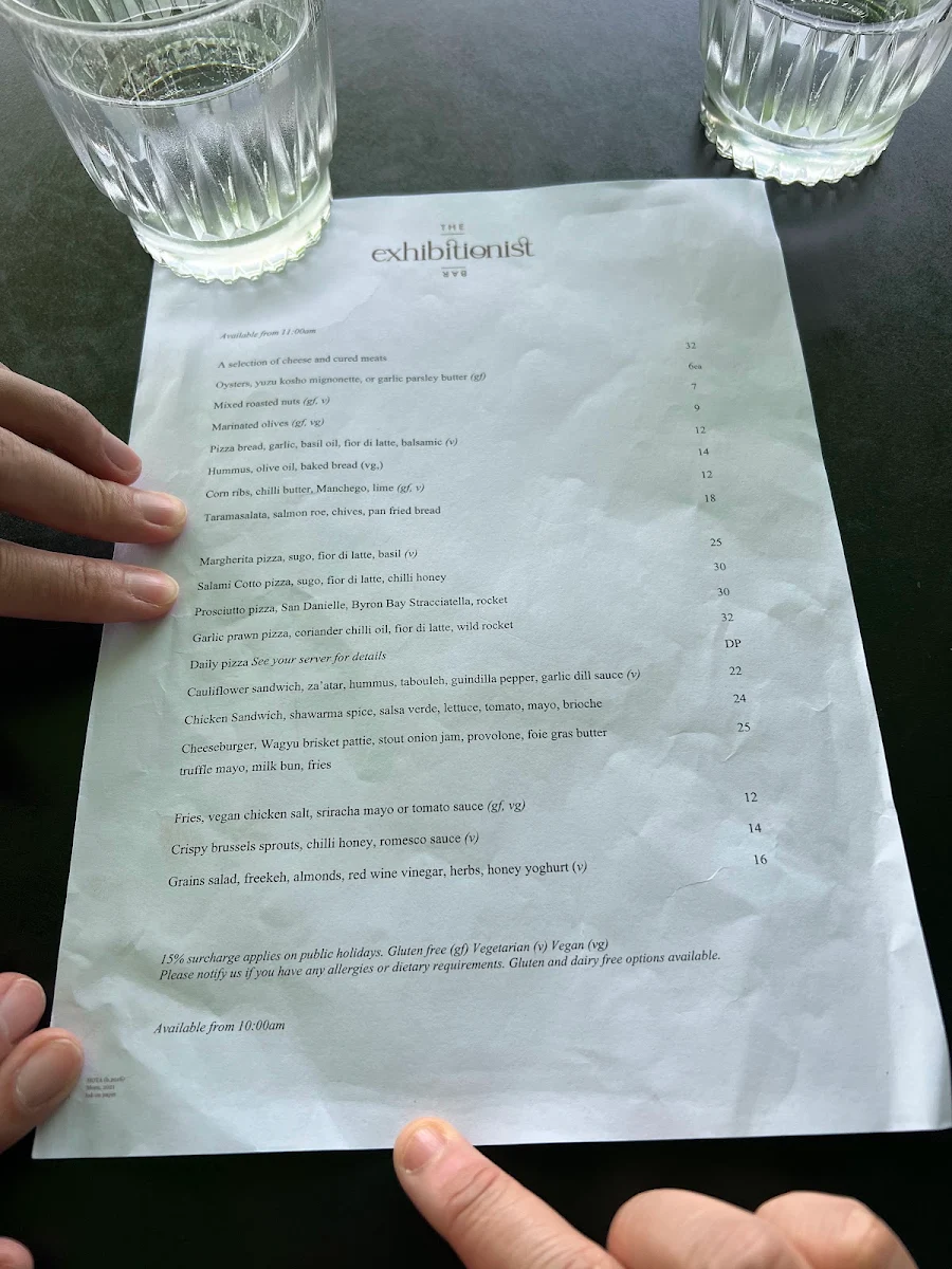 Menu, The Exhibitionist Bar