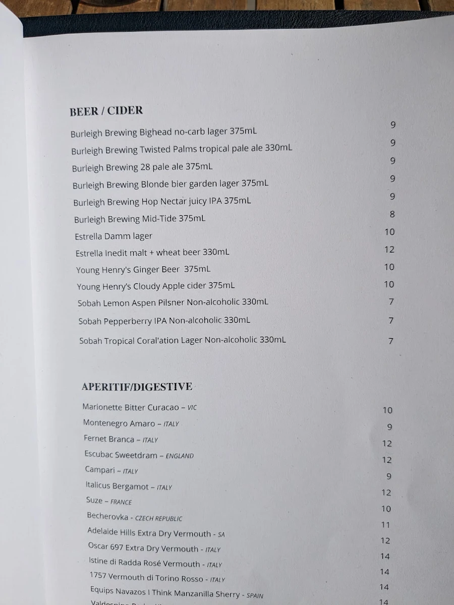 Menu, The Exhibitionist Bar