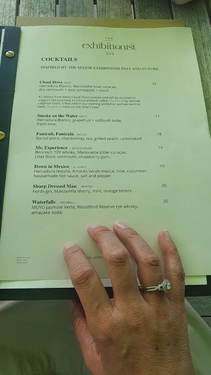 Menu, The Exhibitionist Bar