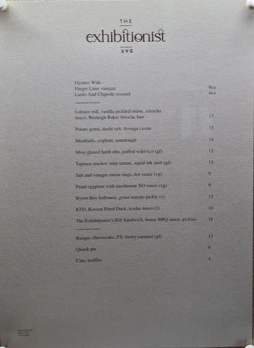 Menu, The Exhibitionist Bar