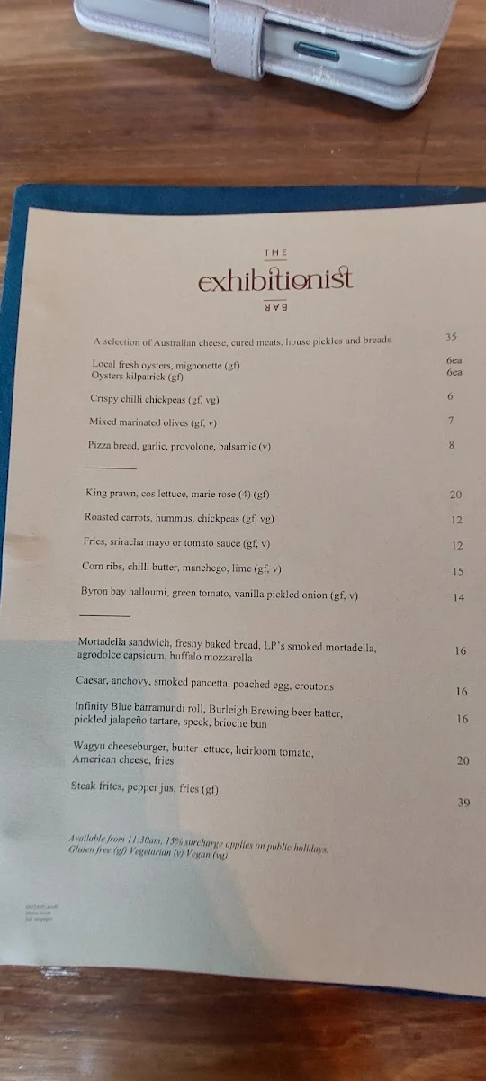 Menu, The Exhibitionist Bar