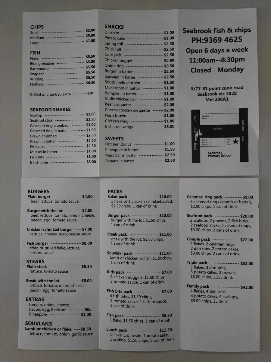 Menu, Seabrook Fish & Chips