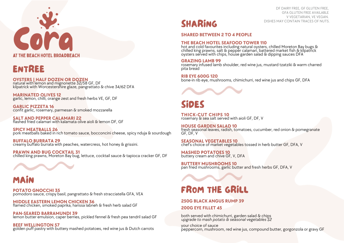 Menu, Cora Restaurant & Bar