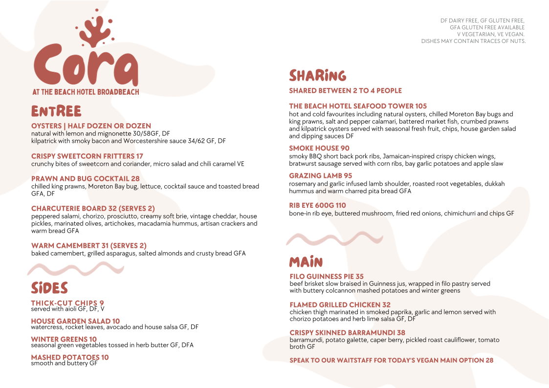 Menu, Cora Restaurant & Bar