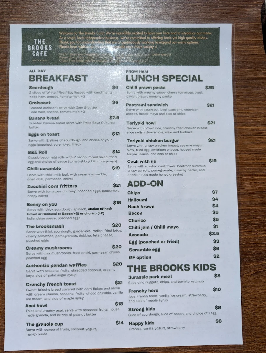 Menu, The Brooks Cafe