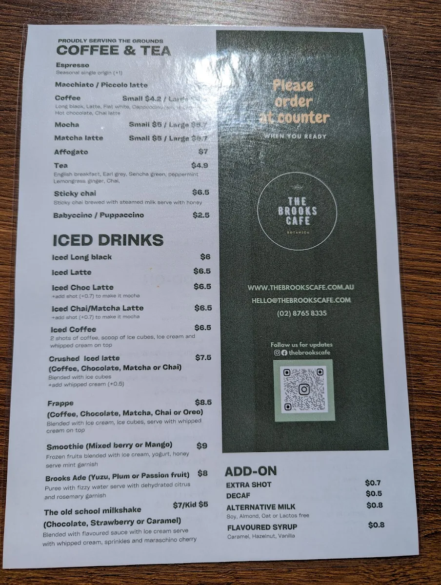 Menu, The Brooks Cafe