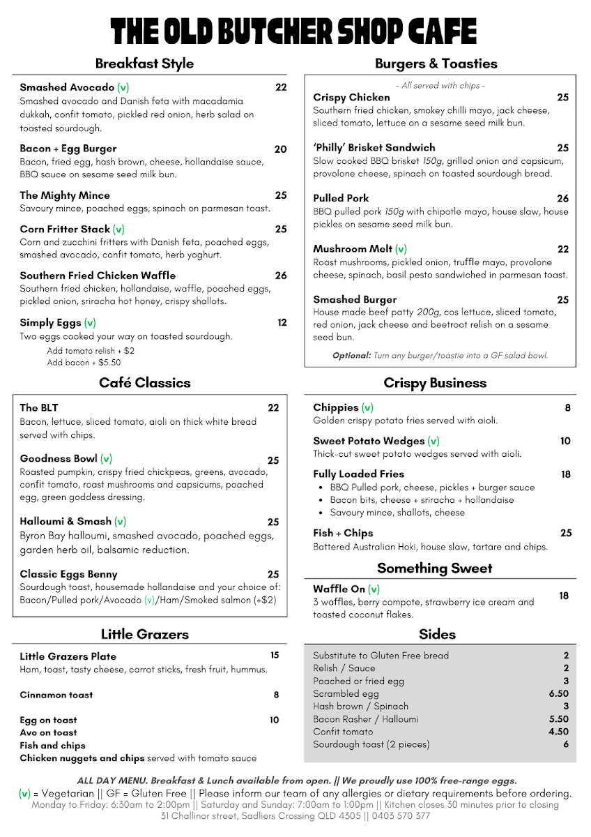 Menu, The Old Butcher Shop Cafe