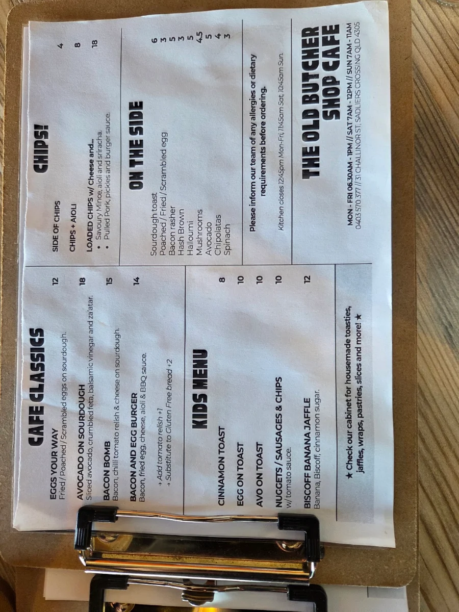 Menu, The Old Butcher Shop Cafe