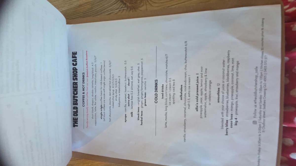 Menu, The Old Butcher Shop Cafe
