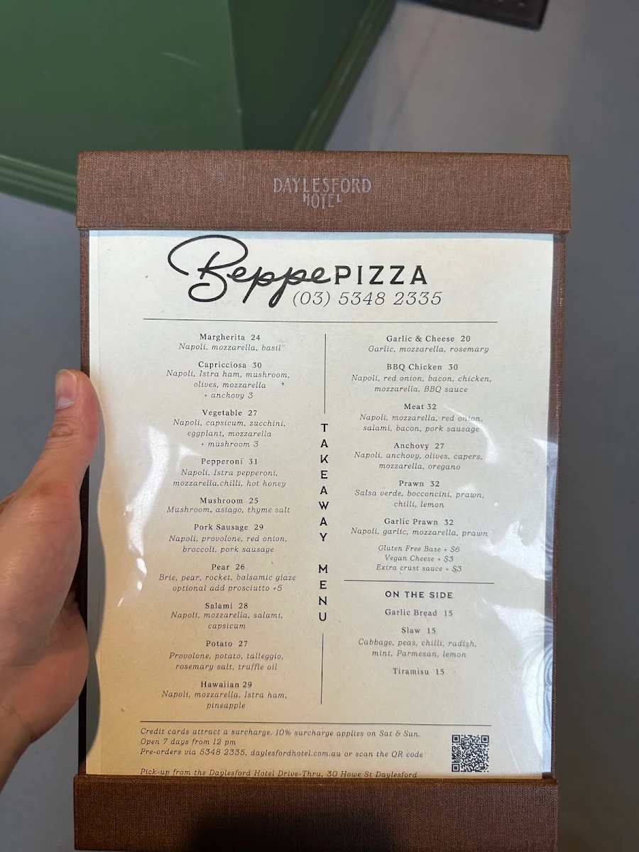 Menu, Beppe Wood-Fired Pizza @ Daylesford Hotel